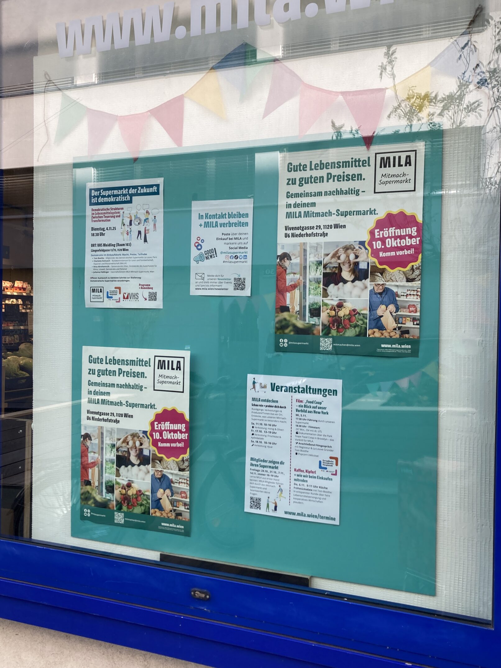 Eine Auslage bei MILA, voll mit Plakaten udn Flyern zur Information.