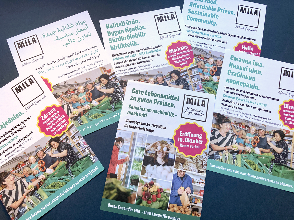 Infoflyer werben für den MILA Mitmach-Supermarkt in mehreren Sprachen.