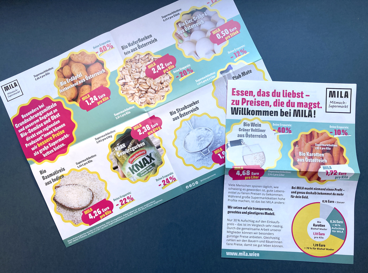 Der MILA Preisvergleich-Folder zeigt verschiedene Waren, die beim Mitmach-Supermarkt günstiger sind als im konventionellen Handel. Er erklärt das Geschäftsmodell anhand eines Einkaufsbeispiels.