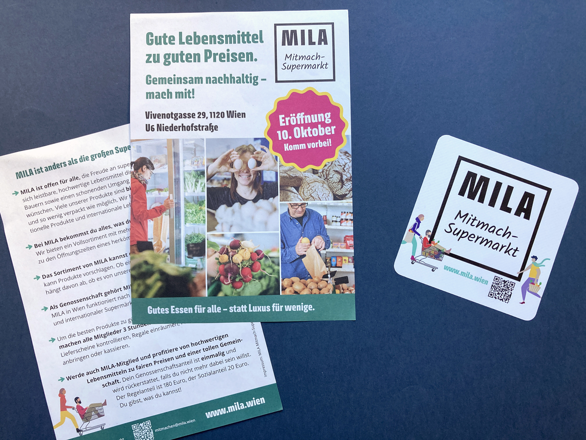 MILA Infoflyer und Kleber. Diese Werbemittel bewerben den Mitmach-Supermakrt MILA in Wien.