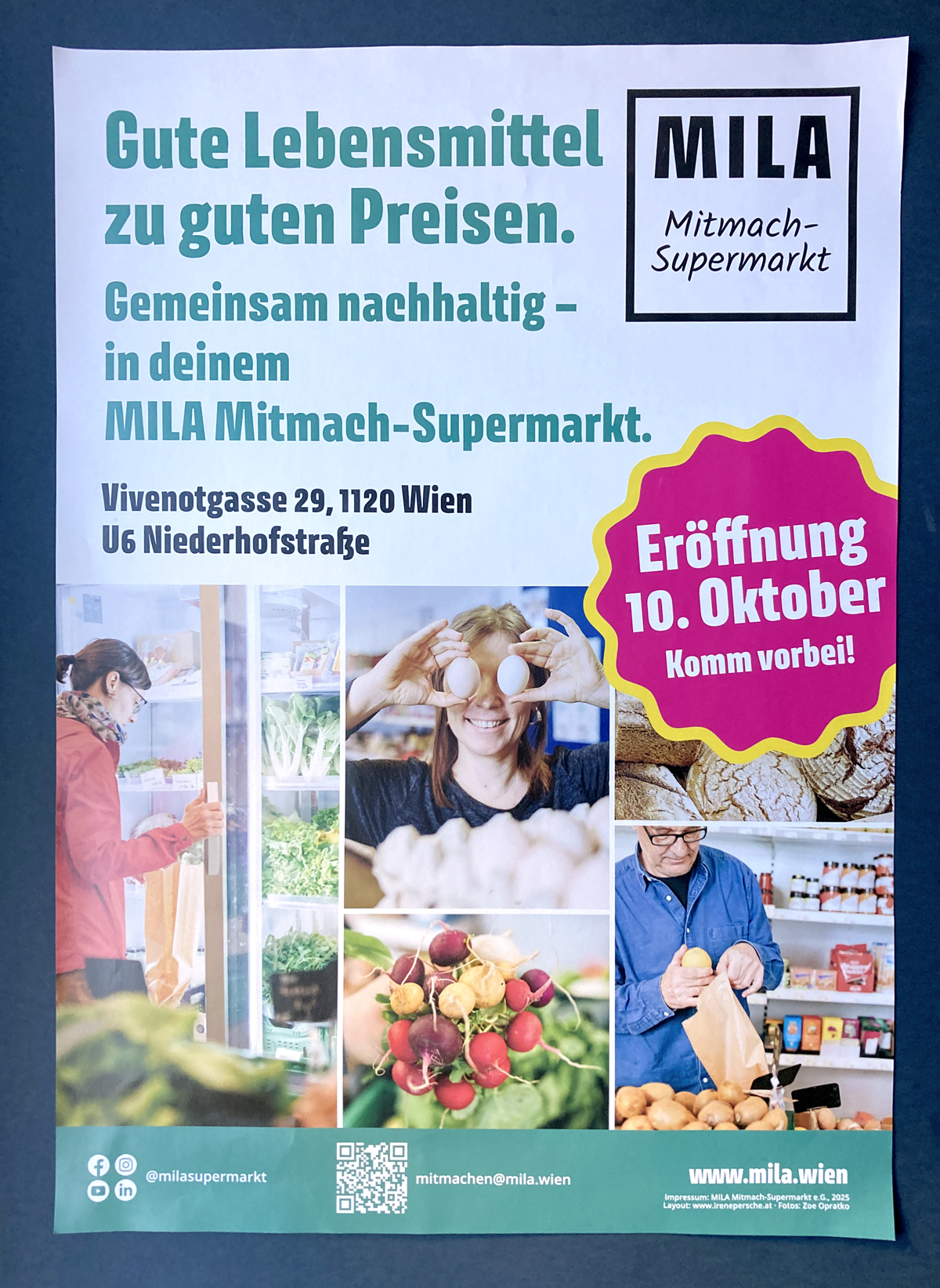 Das Poster wirbt für die Eröffnung des MILA Mitmach-Supermarktes in Wien im Oktober 2025.